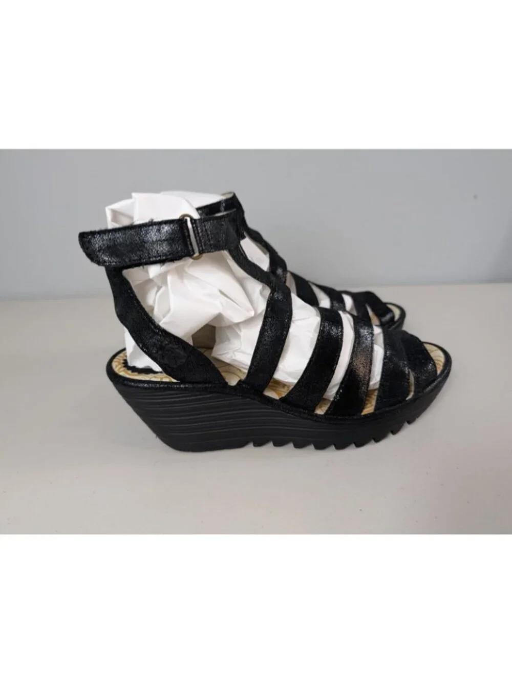 Fly London black leather wedge heels women's size 10-10.5